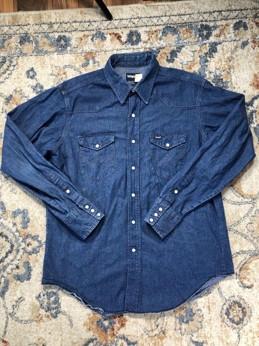 Vintage Wrangler Shirt Mens XL Blue Denim Long Sleeve Western Pearl Snap 90s USA